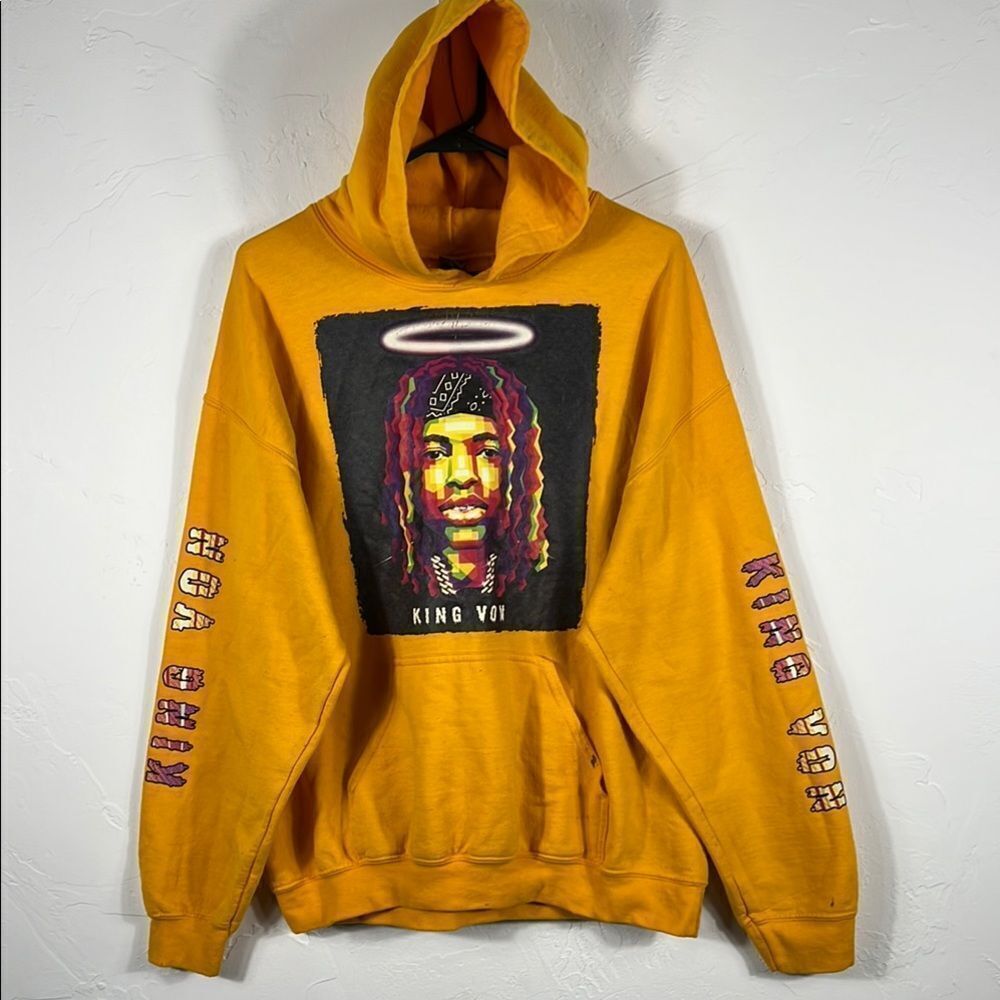 🔥🔥 KING VON Rap Music Band Graphic Yellow Hoodie‎ Men Sz Large - GUC